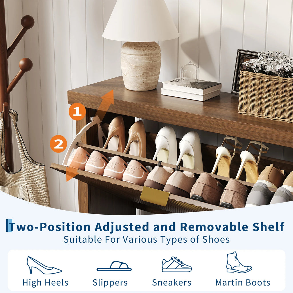 Fluted Shoe Cabinet with 2 Flip Drawers Natural Oak Hide Everyday Shoes in a Slim 9.5-Inch  Fluted Style