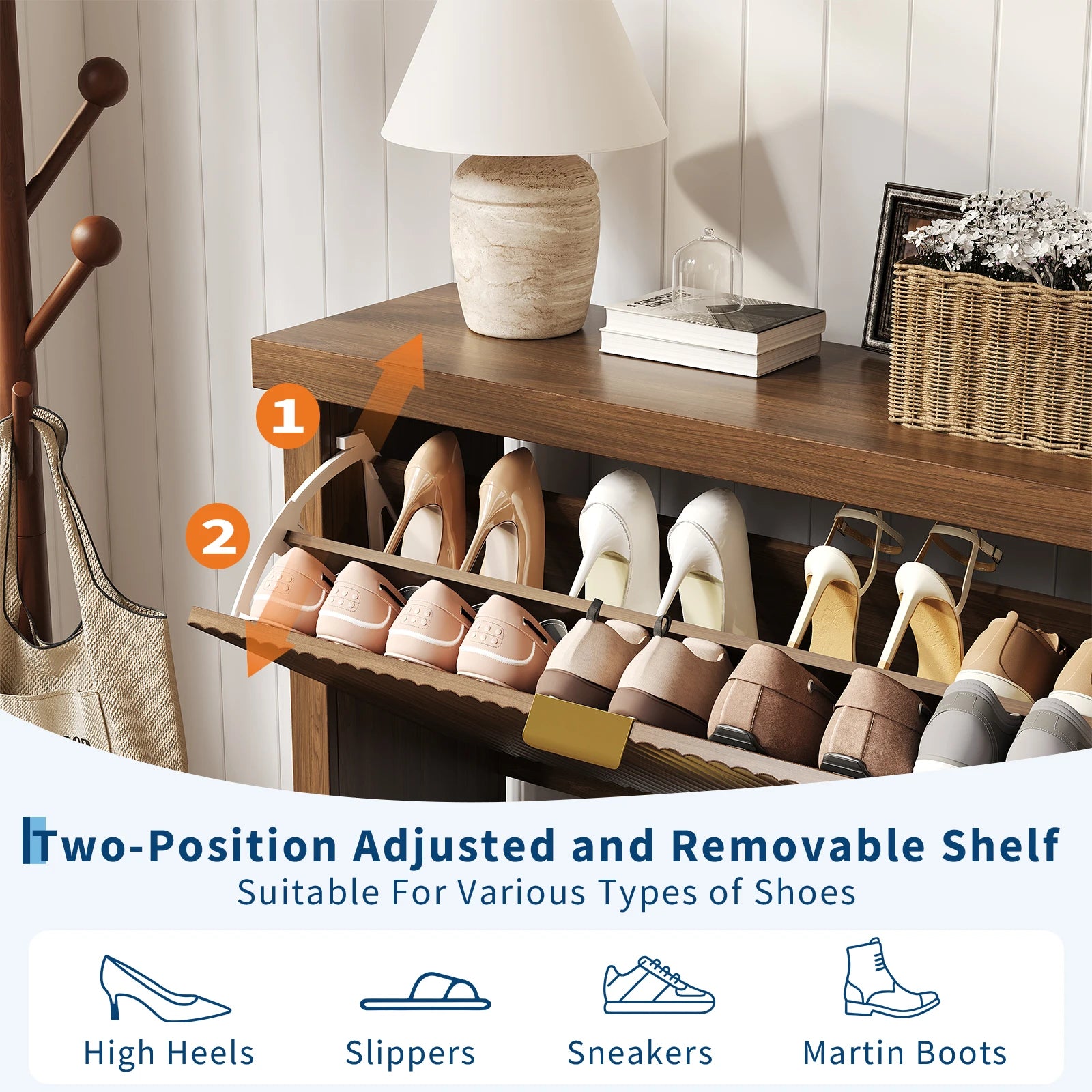 Fluted Shoe Cabinet with 2 Flip Drawers Natural Oak Hide Everyday Shoes in a Slim 9.5-Inch  Fluted Style
