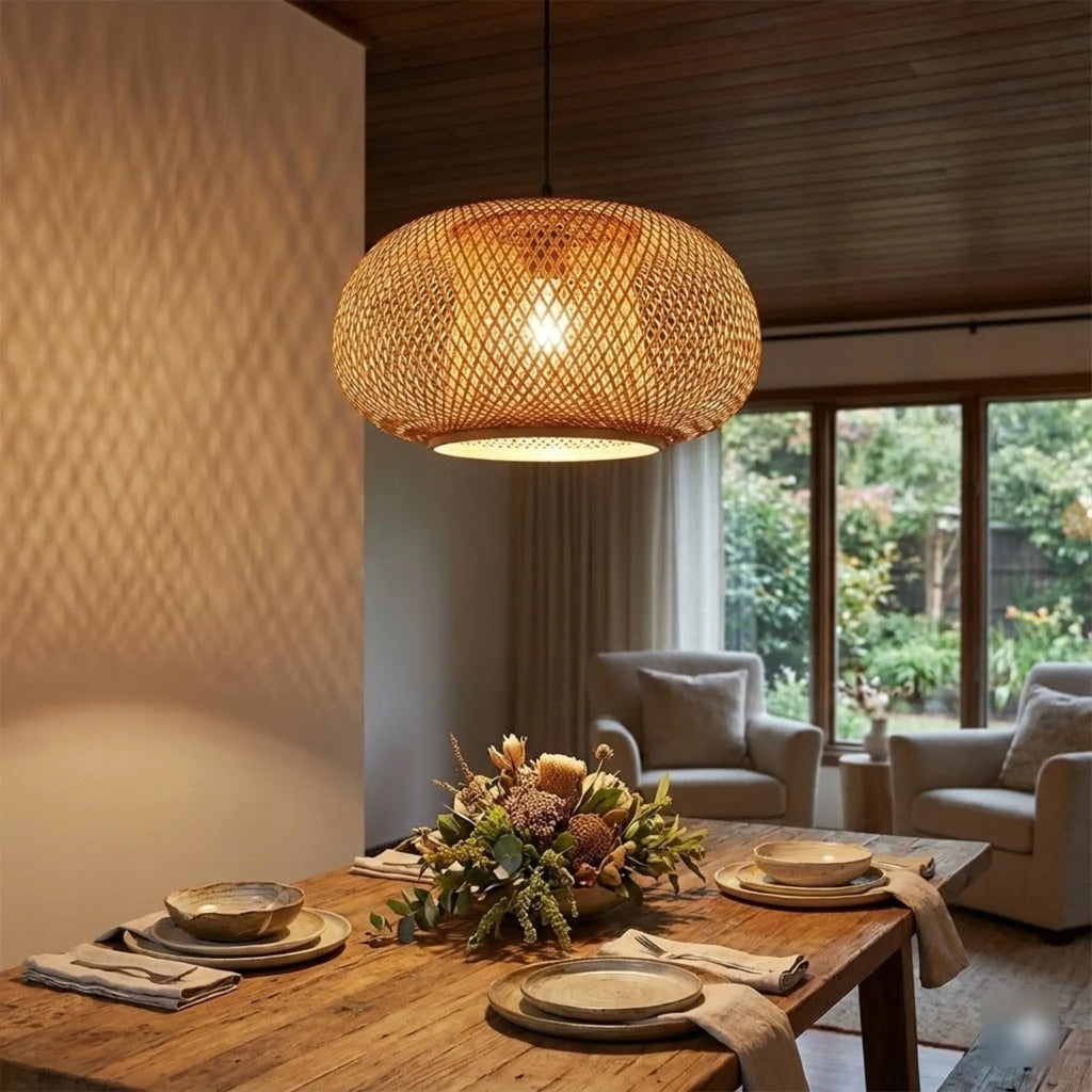 Bamboo Wicker Pendant Light Fixture Hand Woven Rattan Cage