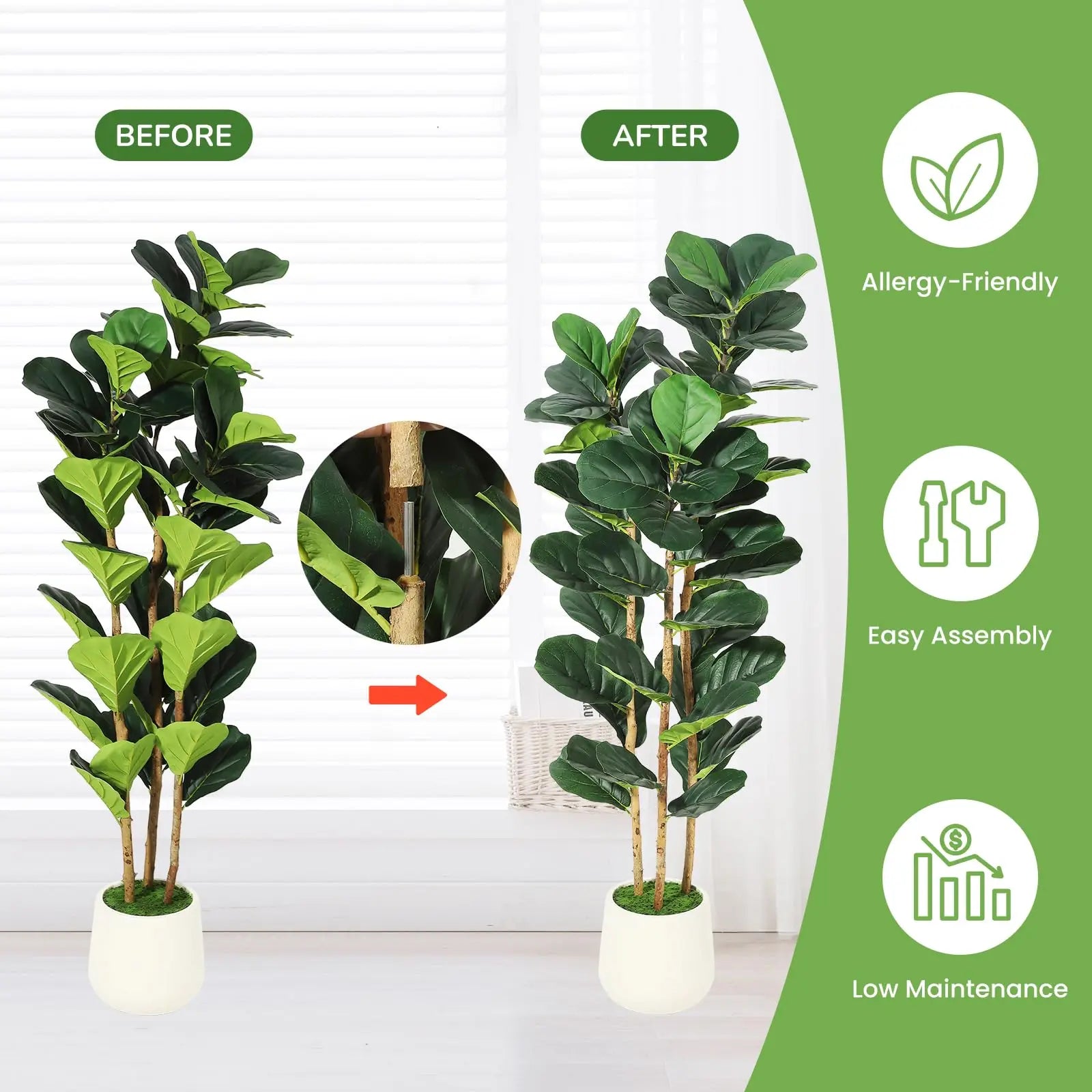 Artificial Fiddle Leaf Fig Tree with White Planter, 5/6/7 ft Natural Wood Trunk,