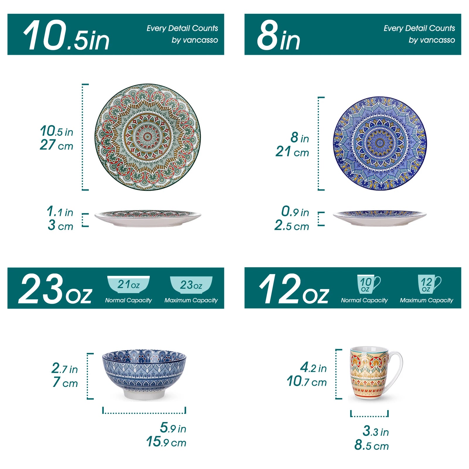 16/32/48-PCS Ceramic Plate Porcelain Dinnerware Set Bohemian Mandala Patterned with Dinner Plate,Dessert Plate,Bowl,Mug