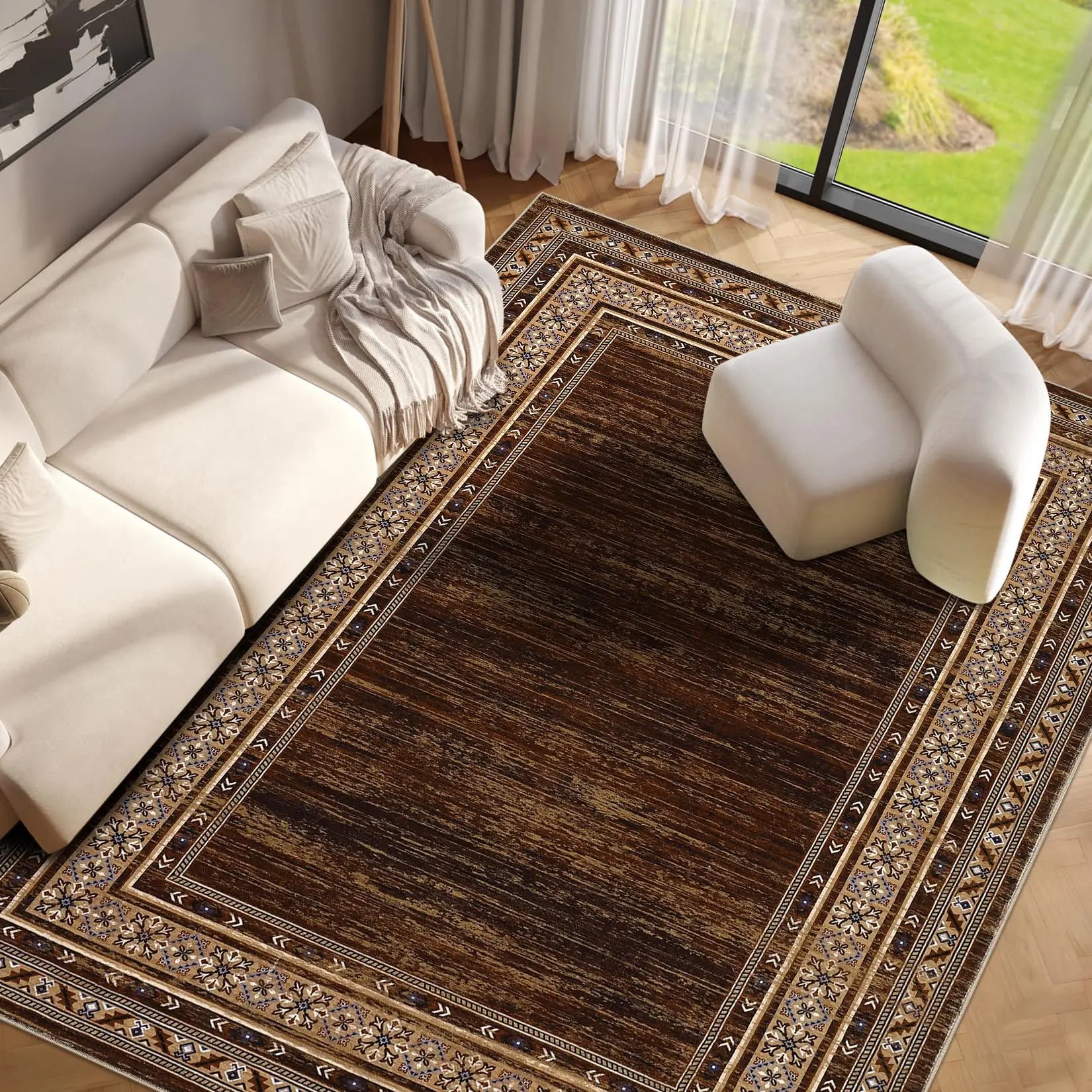 Area Rug 8x10 Washable Rug Brown Modern  Soft Non Slip Throw Carpet Low Pile Bordered  Foldable Thin Rugs