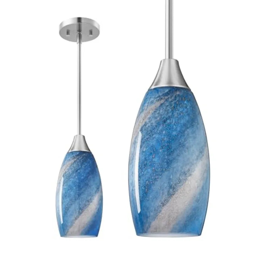 Pendant Lights Kitchen Island, Blue Handcrafted Art Glass, Blown Glass Pendant with 5.12" Dia x 11.40" H Shade,,Adjustable Brus