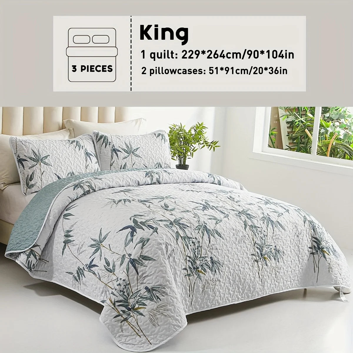 2/3pcs Floral Comforter Quilt Set Queen King Full Twin Size, White/Grey Soft Microfiber Reversible Bedding With Shams