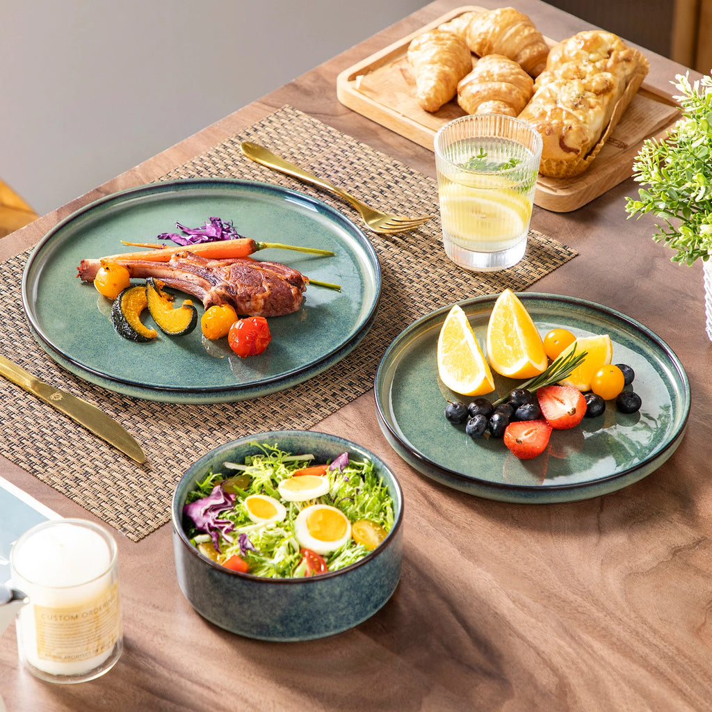 Vancasso 12/24/36 Black Green Reactive Glaze Piece Dinner set Vertical edge 4PCS Dinner Plate/ Dessert/Bowl