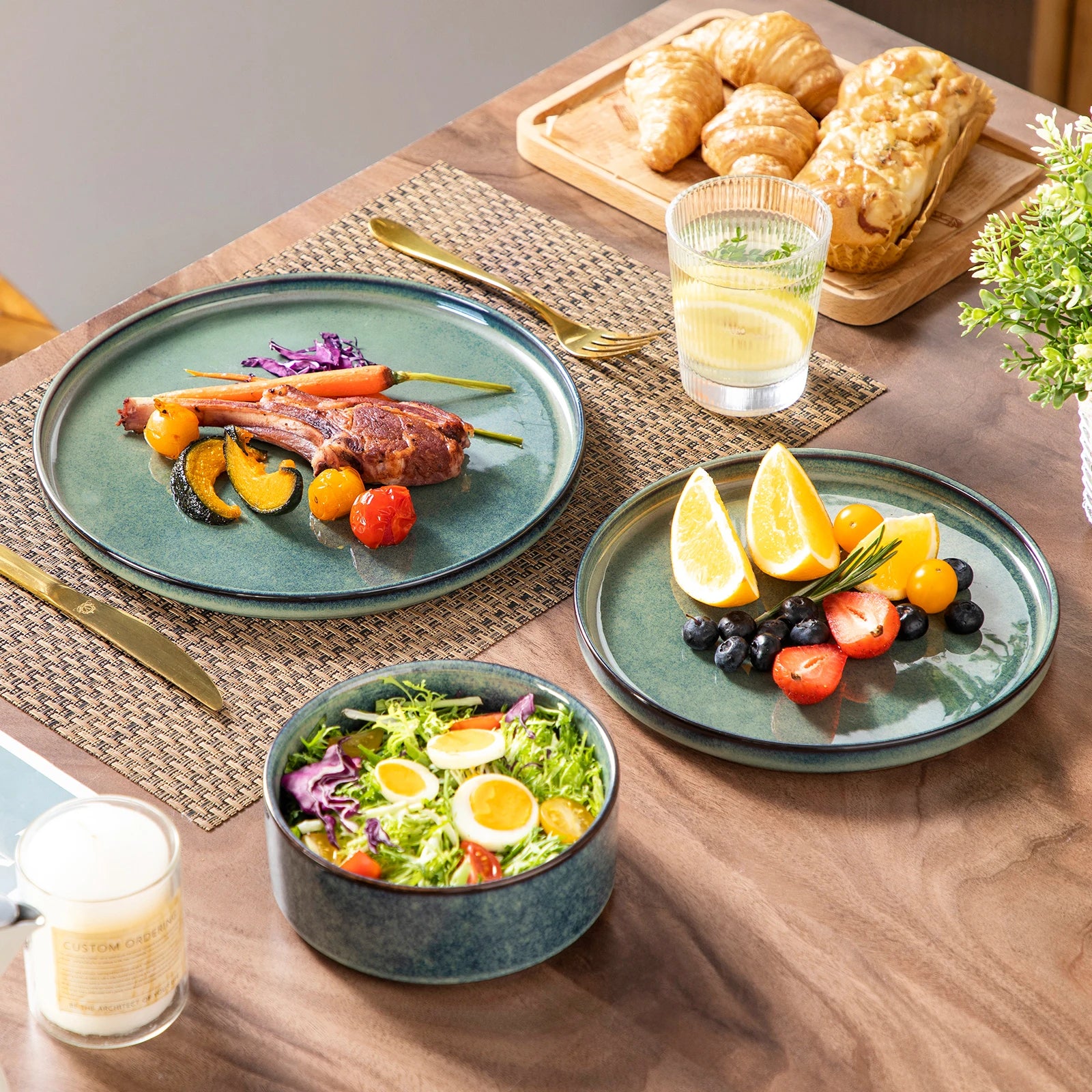 Vancasso 12/24/36 Black Green Reactive Glaze Piece Dinner set Vertical edge 4PCS Dinner Plate/ Dessert/Bowl