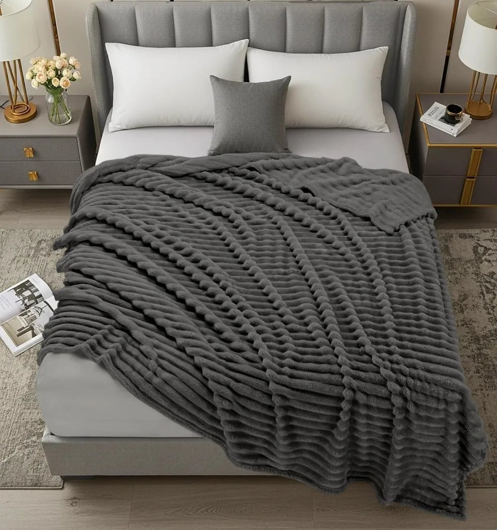 Striped Fleece Blanket Queen Size, Fluffy & Lightweight Throw for Bed, Sofa - Soft Cozy Home Decor