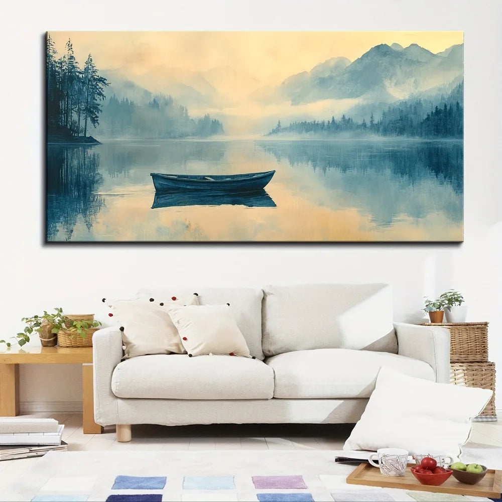 1.5 inch thick pine solid wood frame, landscape foggy scenery boat painting