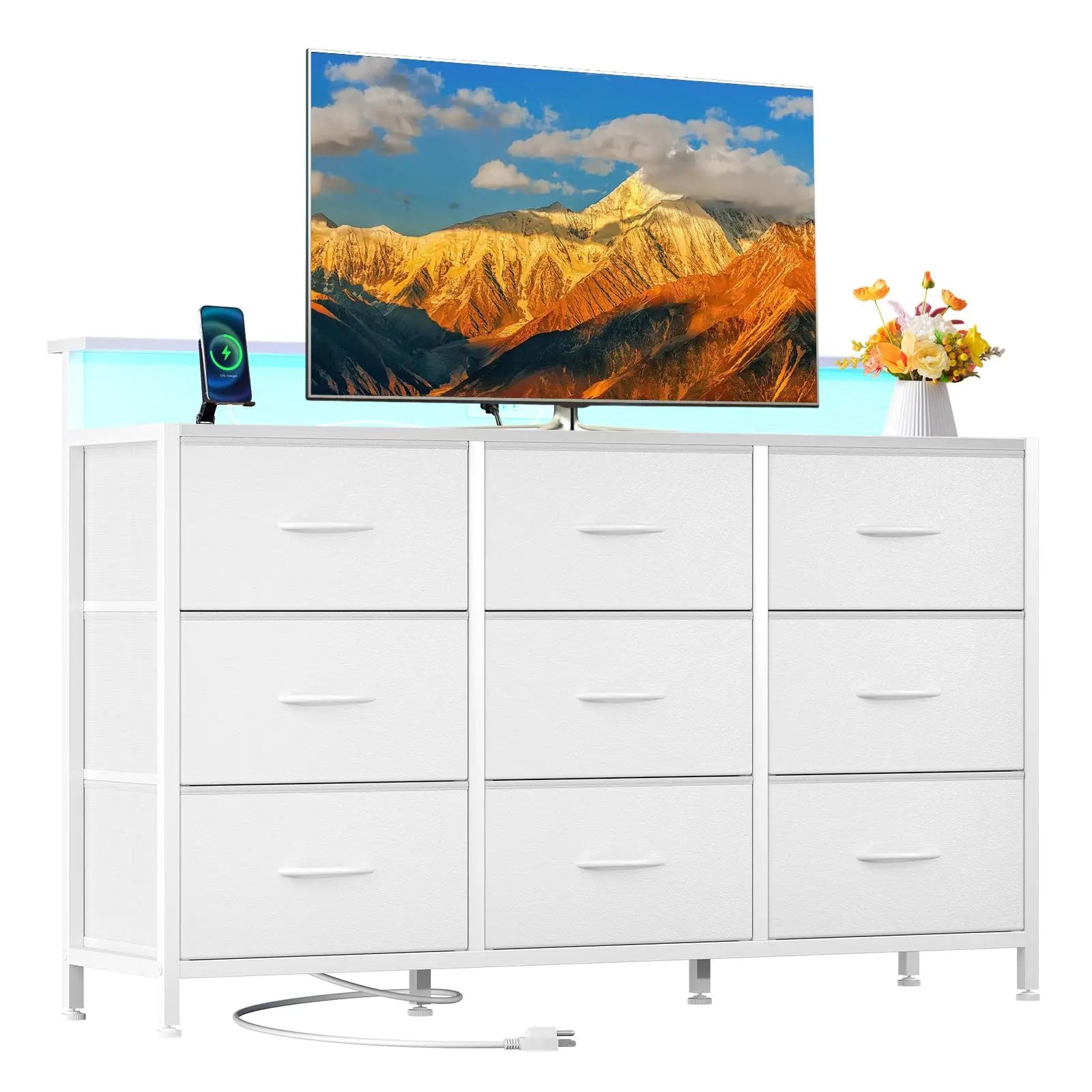TV Stand Dresser with 9 Fabric Drawers Wood Top Media Console for 32-52 inch TV Stand with Storage