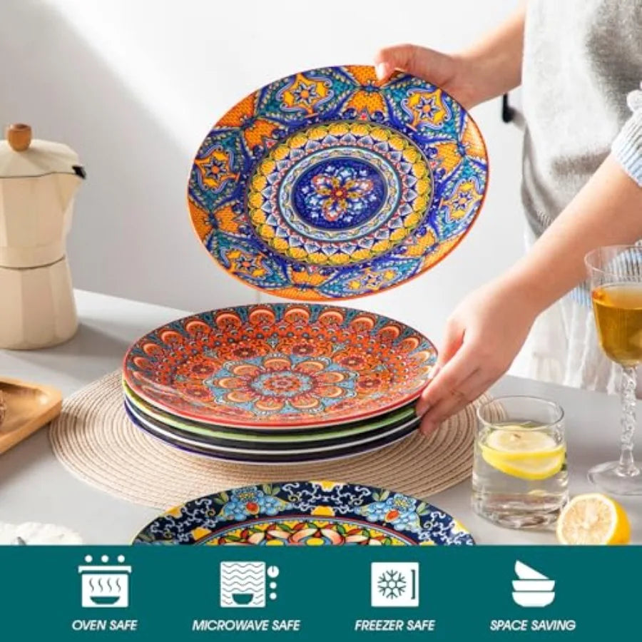 Colorful Dinner Plates Set of 6, 10.5 Inch Ceramic  Bohemian Dishes for Microwave and Dishwasher