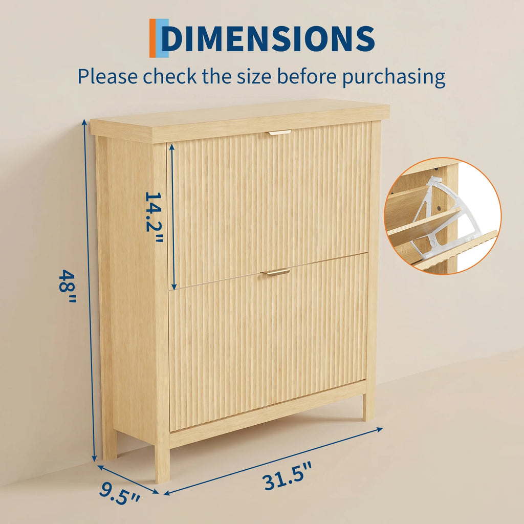 Fluted Shoe Cabinet with 2 Flip Drawers Natural Oak Hide Everyday Shoes in a Slim 9.5-Inch  Fluted Style
