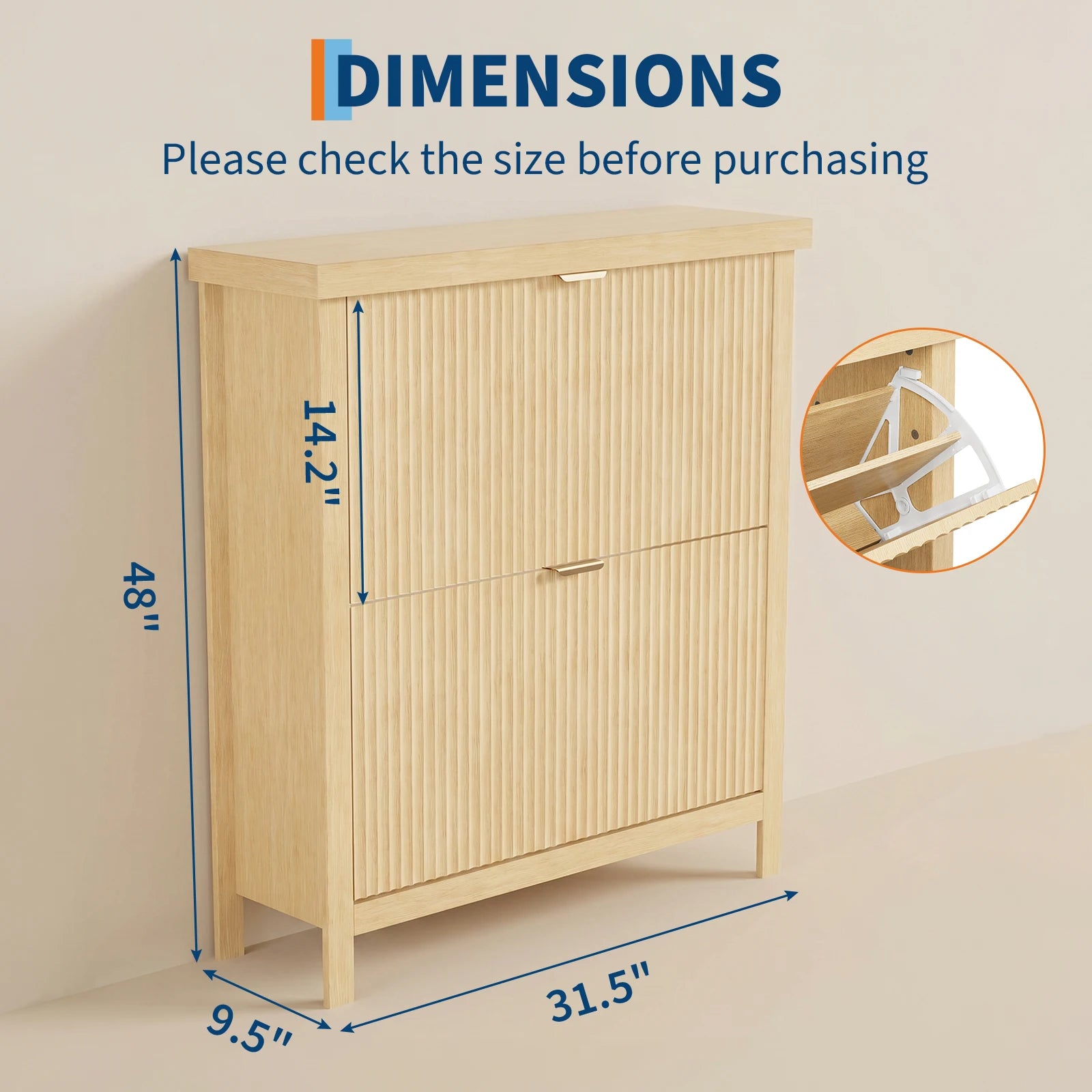 Fluted Shoe Cabinet with 2 Flip Drawers Natural Oak Hide Everyday Shoes in a Slim 9.5-Inch  Fluted Style