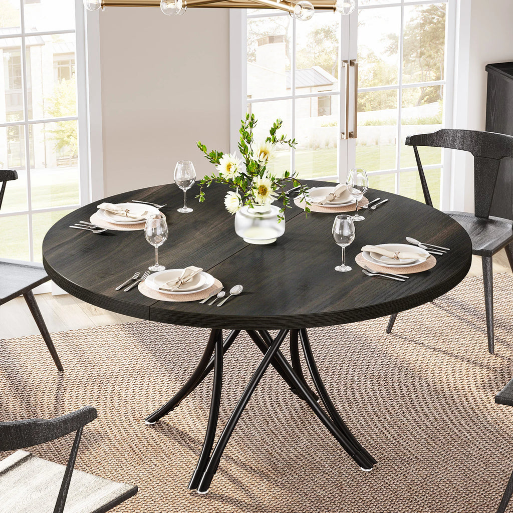 Round Dining Table, 47-Inch Wood Large Farmhouse and Modern Kitchen Table for 4-6 People with Gray Frame