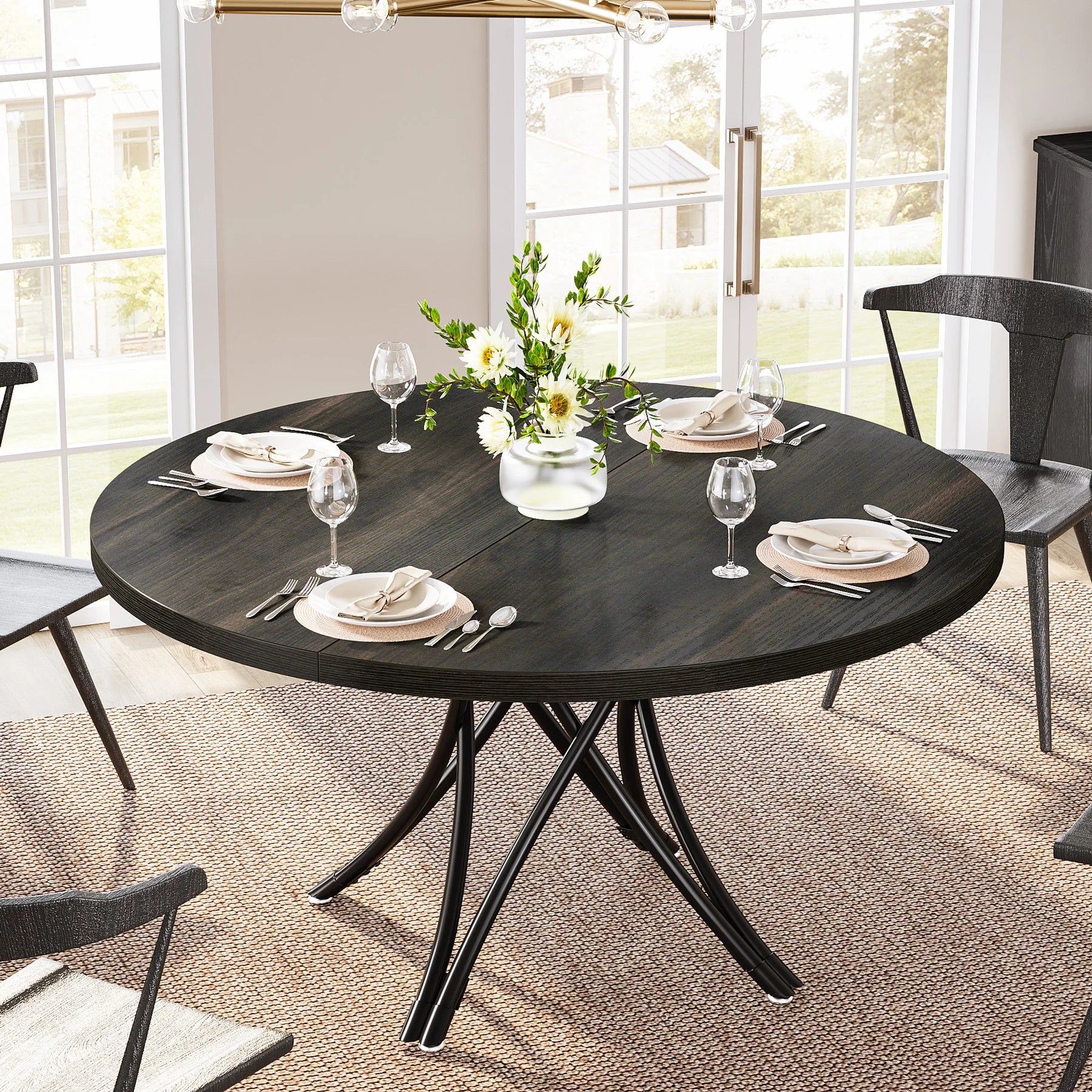 Round Dining Table, 47-Inch Wood Large Farmhouse and Modern Kitchen Table for 4-6 People with Gray Frame