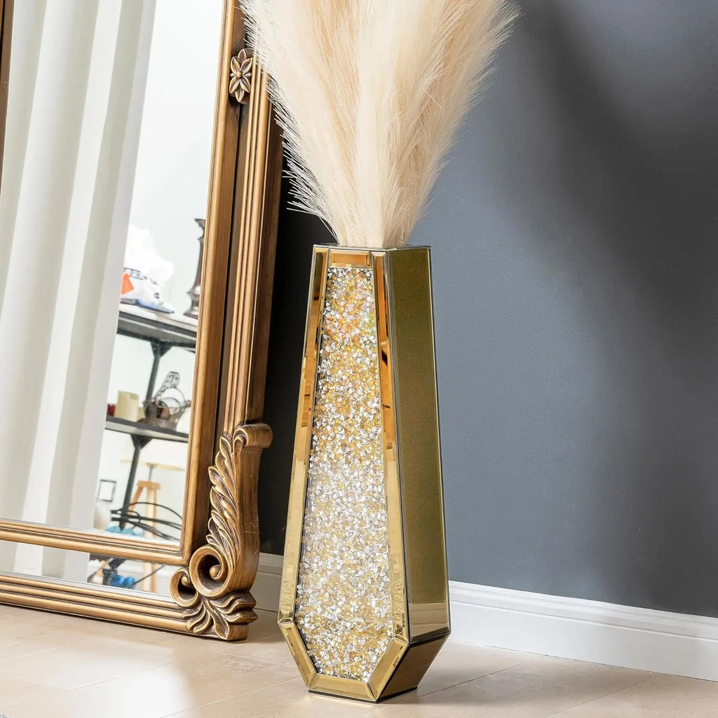 24 Gold Floor Vase Crushed Diamond Tall Glass Vase for Floor Luxury Crystal Mirrored Decorative Flower Vase for Pampas Grass