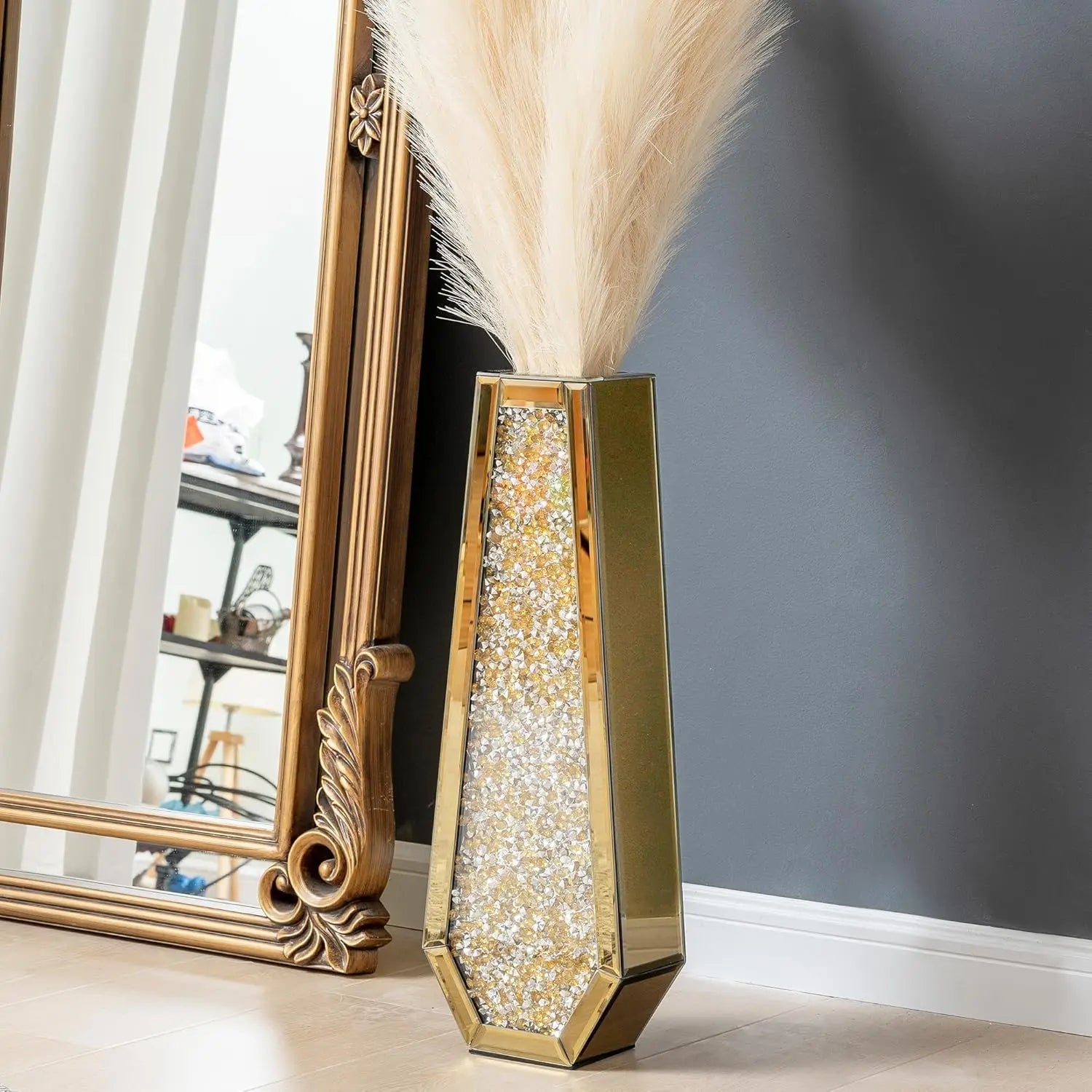 24 Gold Floor Vase Crushed Diamond Tall Glass Vase for Floor Luxury Crystal Mirrored Decorative Flower Vase for Pampas Grass