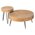 2Piece Round Natural Wood Nesting  Table Set,  Black Metal Legs, Ring Pattern Rustic Farmhouse