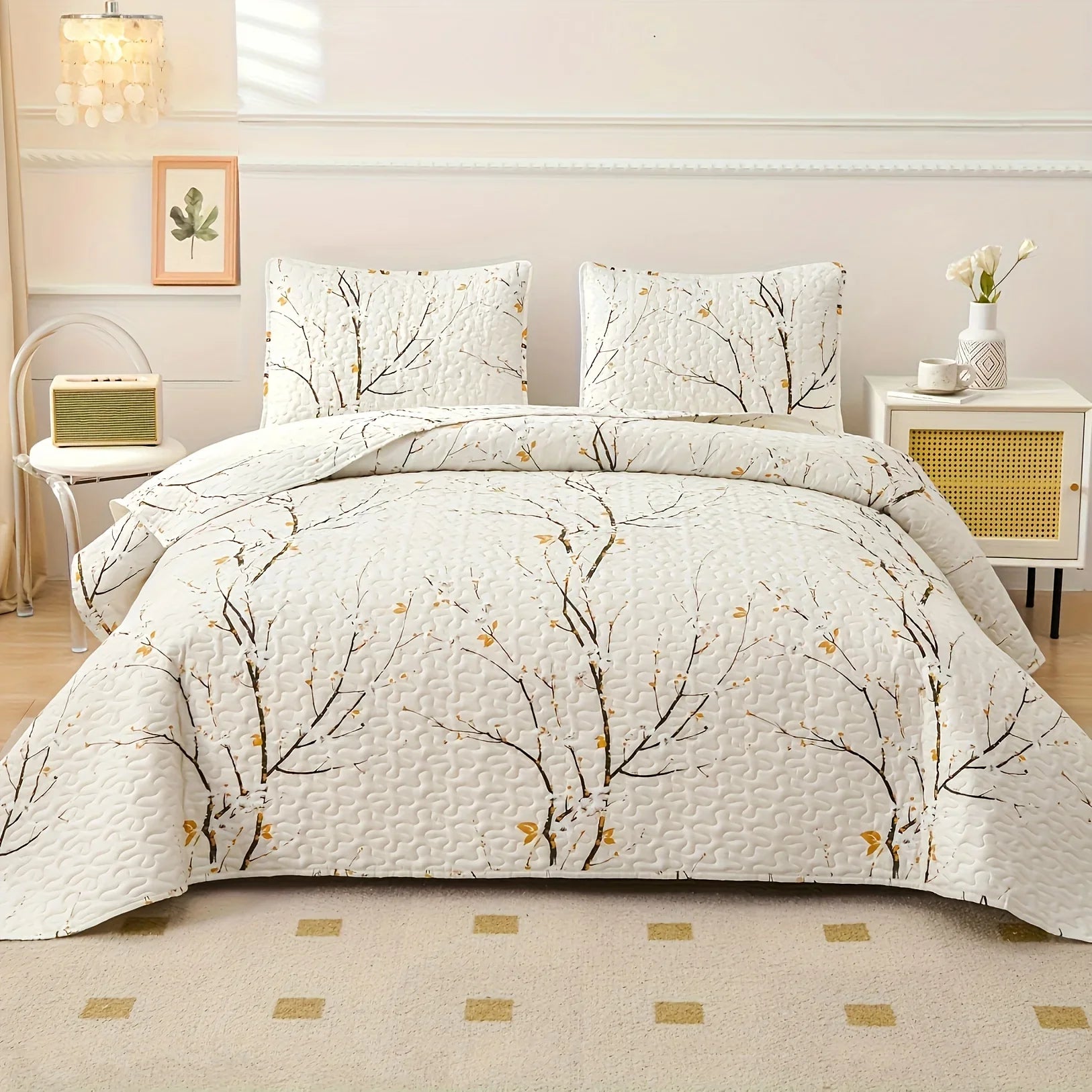 2/3pcs Floral Comforter Quilt Set Queen King Full Twin Size, White/Grey Soft Microfiber Reversible Bedding With Shams