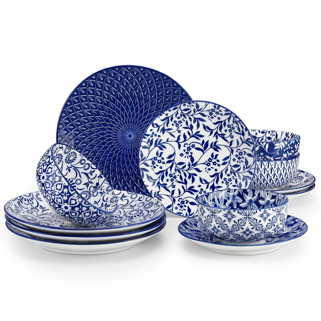 12/24/36 Piece Chinese Blue and White Porcelain Plate Set Tableware Set with 4PCS Dinner Plate/Dessert Plate/Cereal Bowl