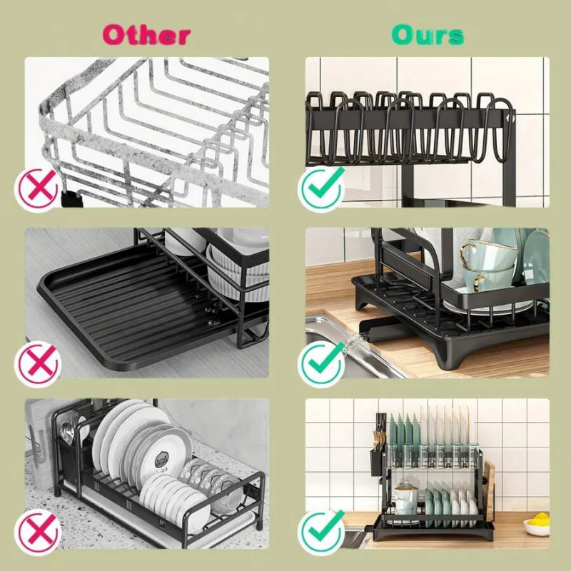 Stainless Steel Rust Proof Metal Dish Drying Rack 2 Tier Large Capacity  Automatic Drainage