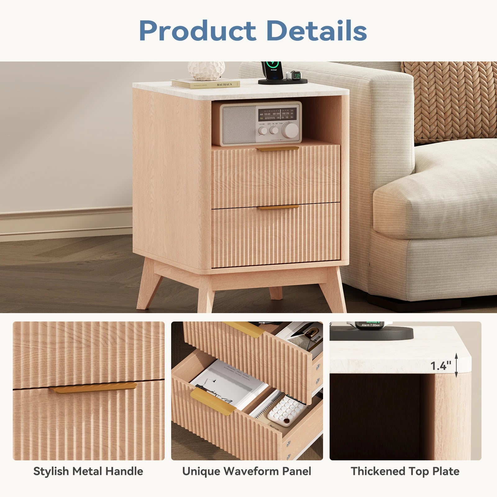 18IN 2 Drawers Wooden Nightstand with Charging Station Bedside Table with with Faux Marble Top Mid-Century Modern