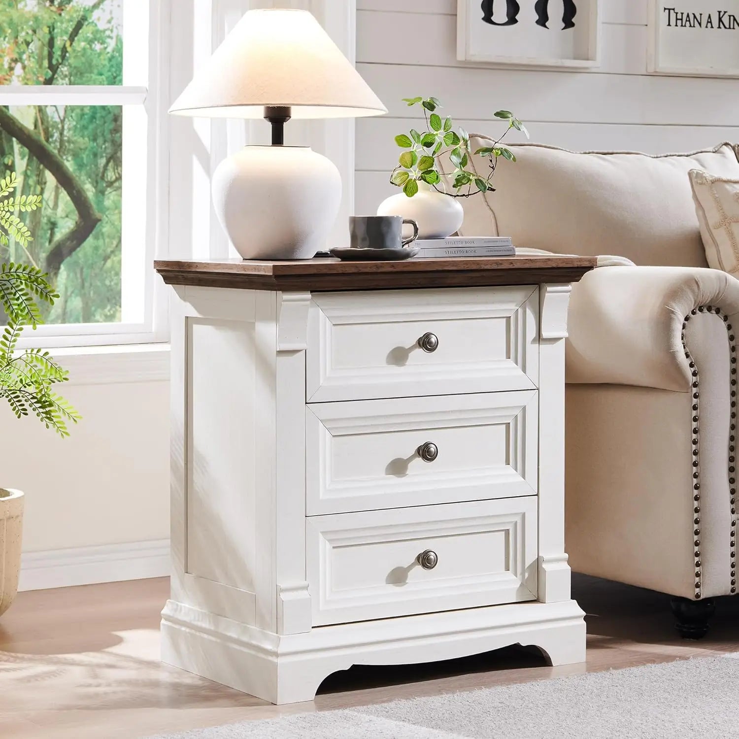Farmhouse Wood 26" Tall Nightstand with Charging Station, 23.6"  3 Drawers Storage