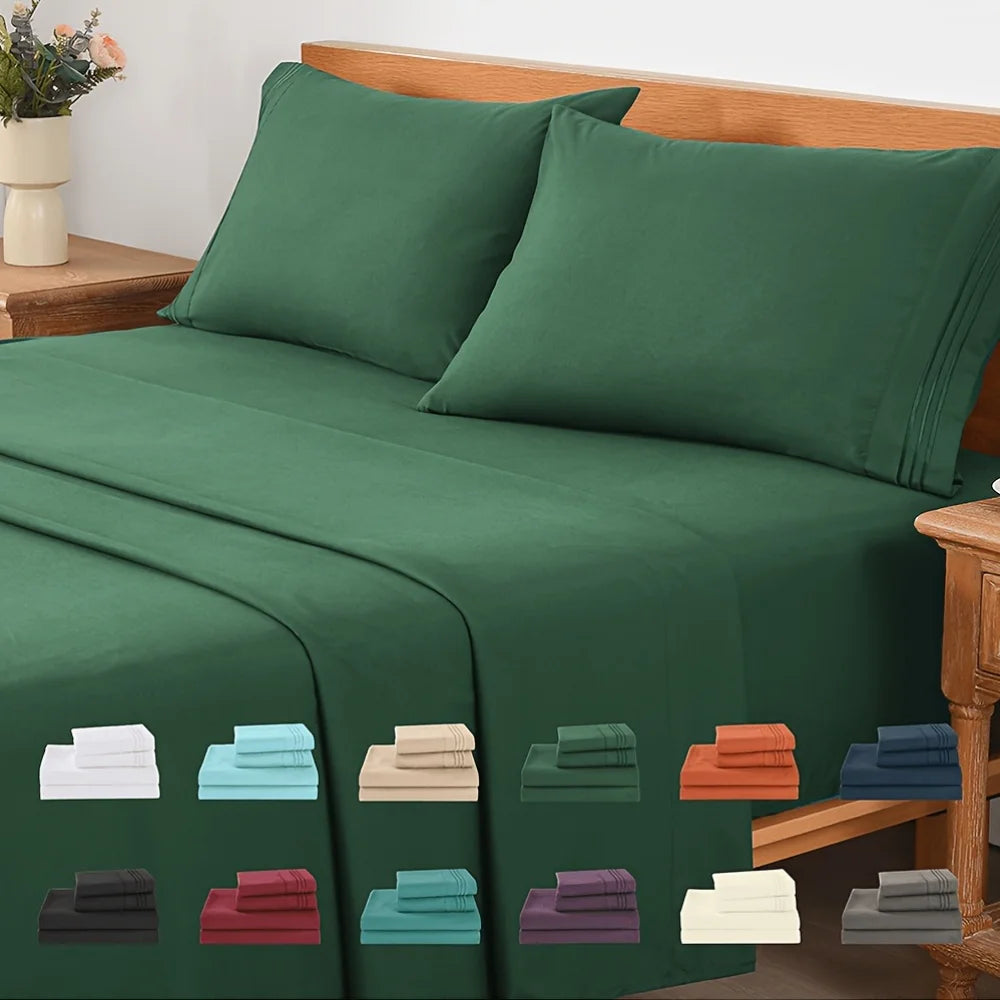 4pcs 120GSM Summer Cooling Bed Sheet Set18 Inch Deep Pockets - 1 Flat Sheet And 1 Fitted Sheet And 2 Pillowcases - Wrinkle Free And Easy Care TC1800