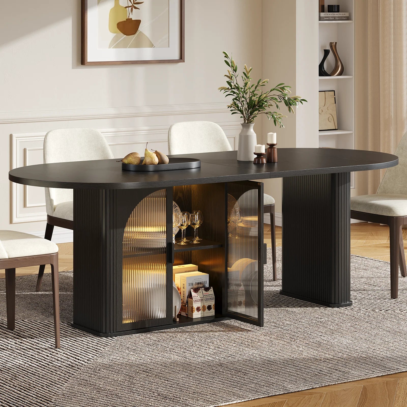 Walnut 70 Inch Oval Dining Table for 6-8 People,  with 2-Tier Storage Space, Wood Center LED Light, Dinner Table with Heavy Duty Legs