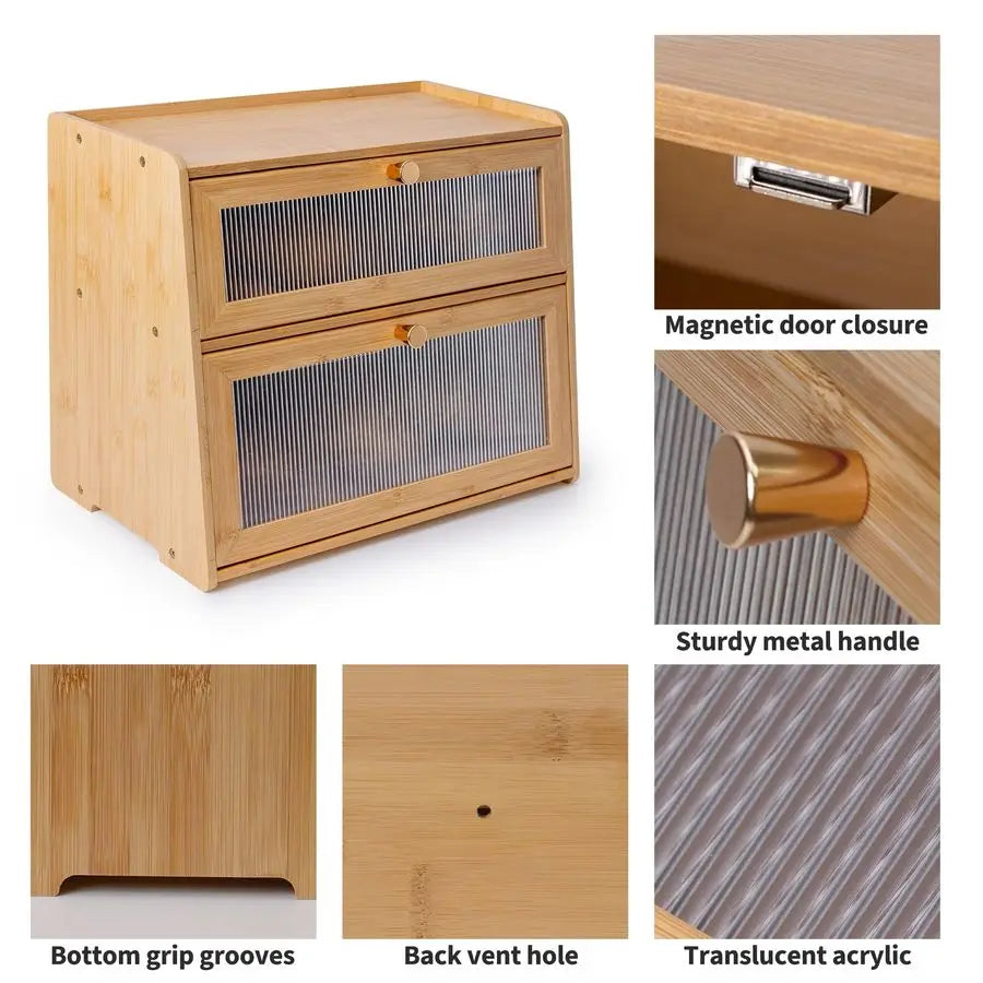 Bamboo Bread Box 2 Tiered Large Capacity