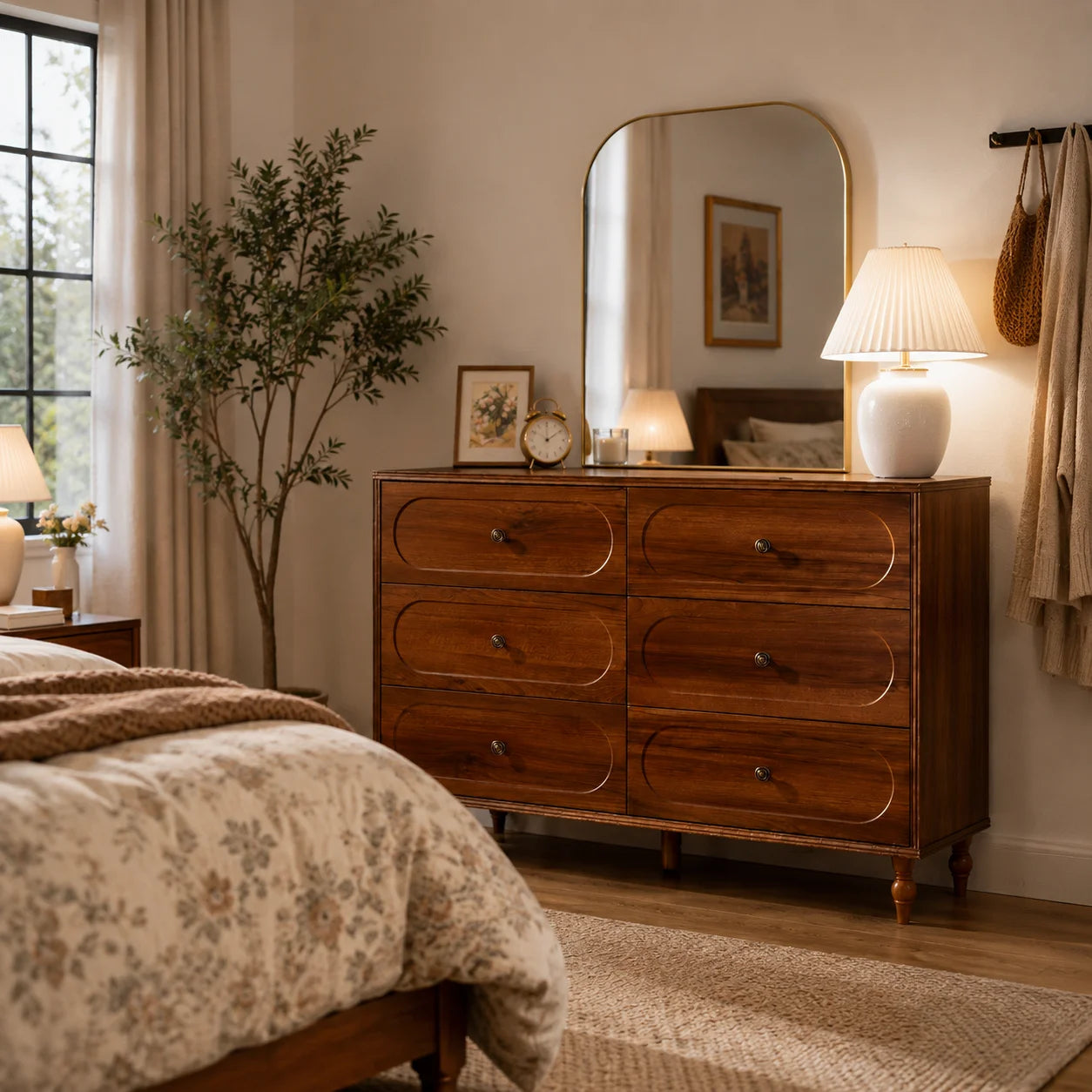 Stylish Mid-Century Modern 6-Drawer Dresser – 47” Wide Dark Walnut Wood Chest with Solid Legs