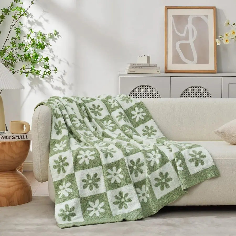 Checkered Blanket, Sage Green Flower Throw Blanket Microfiber