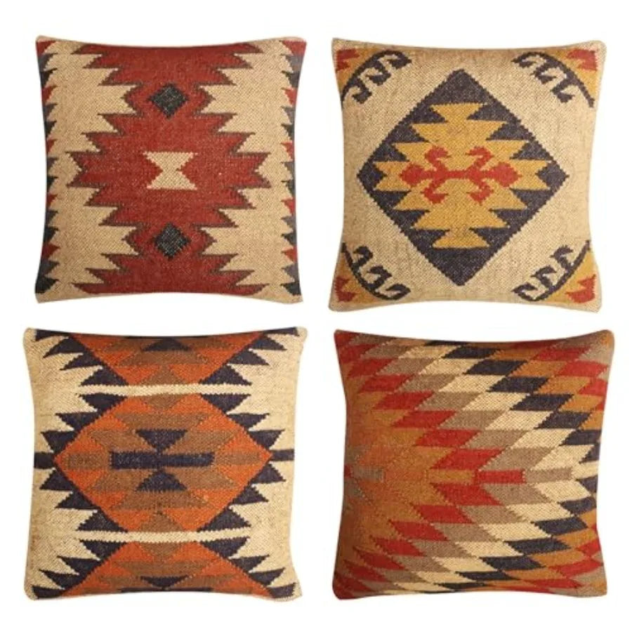 Set of 4 Turkish Handwoven Wool Jute Vintage Kilim Cushion Covers