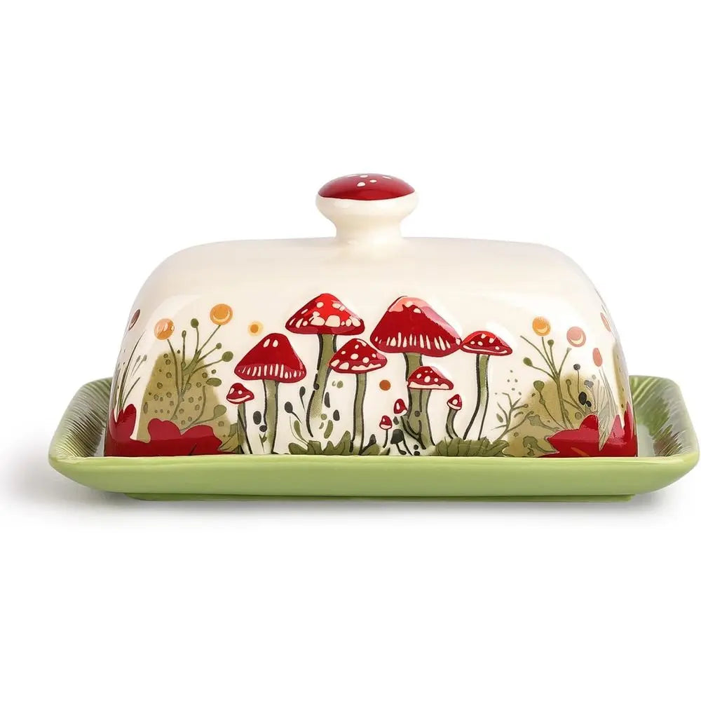 Cottagecore Mushroom Butter Dish with Lid - Vintage French-Style Covered Tray