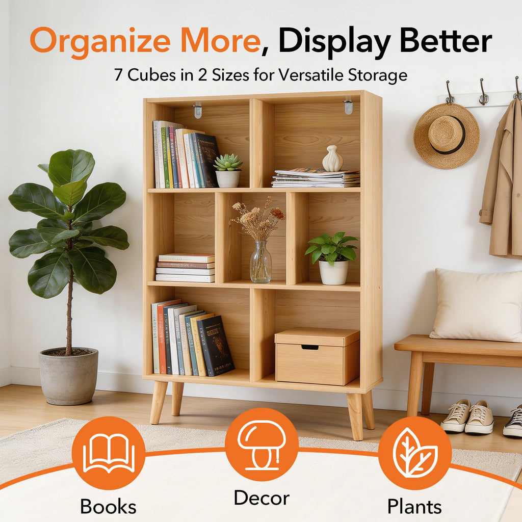 3 Tier Bookshelf Wooden 7 Cube Storage Organizer Display Bookcase Open Standing Shelf with Legs Graduated Shelves for Home