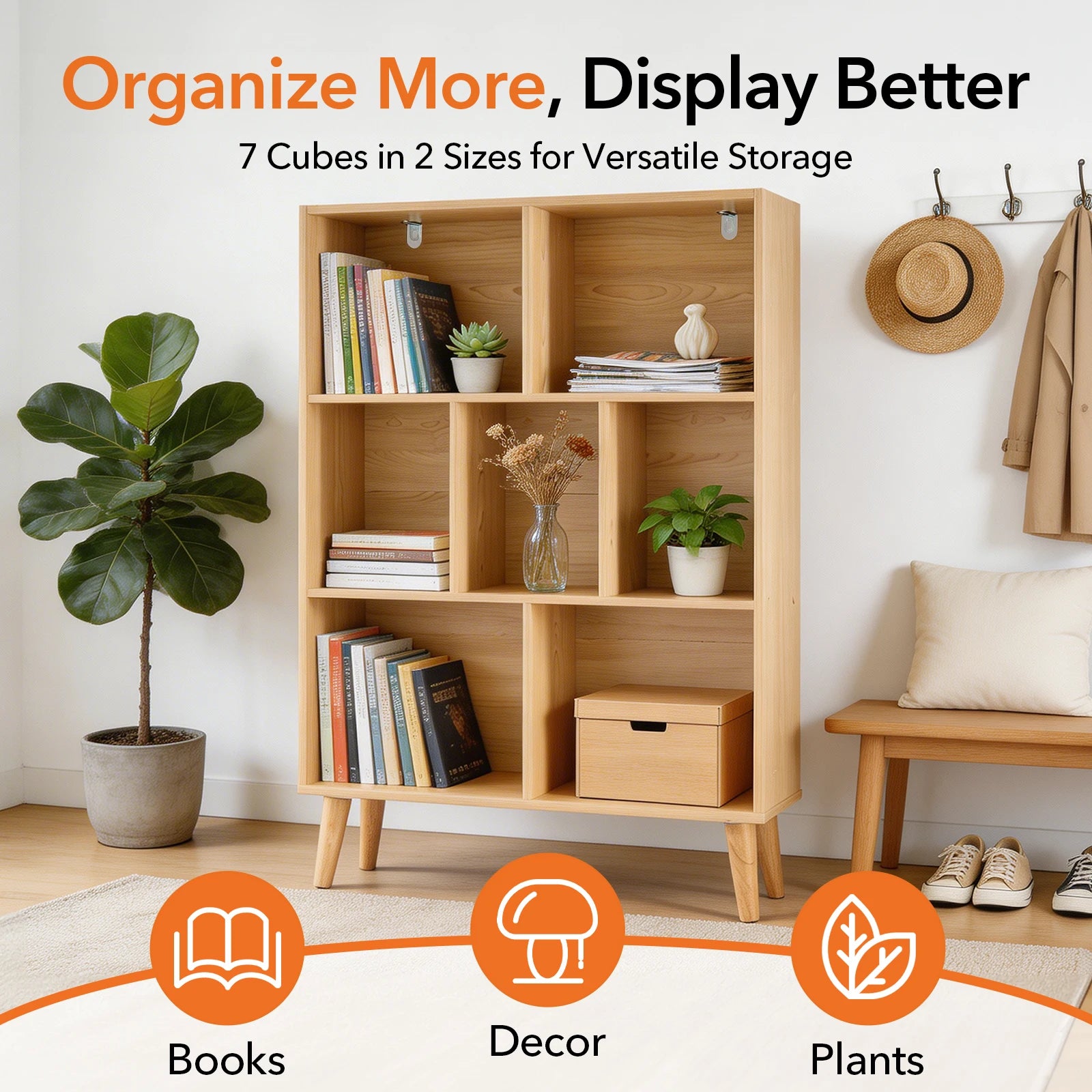 3 Tier Bookshelf Wooden 7 Cube Storage Organizer Display Bookcase Open Standing Shelf with Legs Graduated Shelves for Home