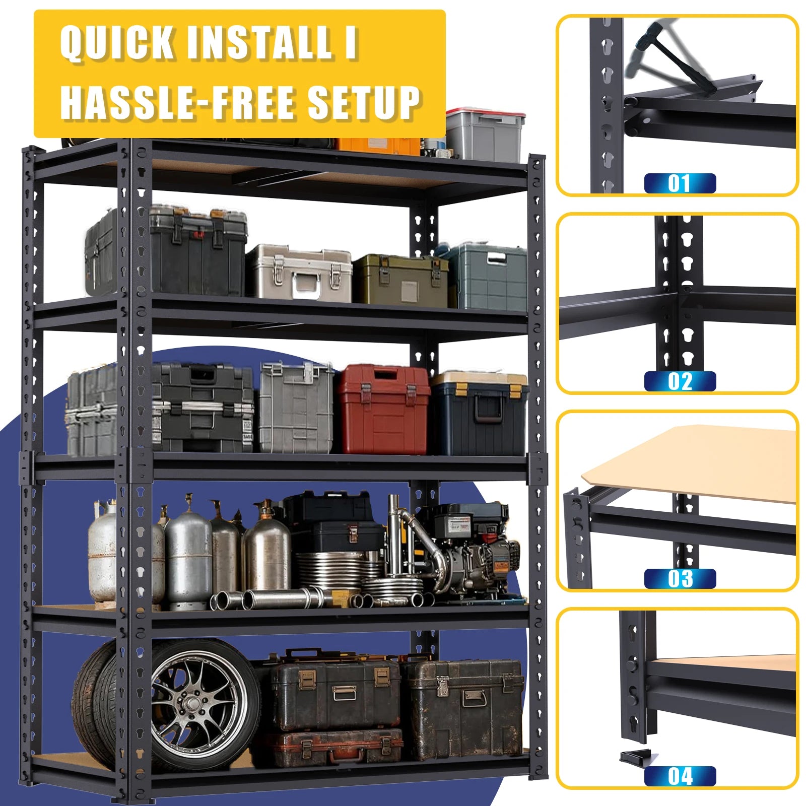 Extra-Wide Heavy-Duty Five-Tier Metal Storage Rack with 2000 Lbs Load Capacity, Adjustable Steel Shelving Unit 72-Inch Freestanding Shelf