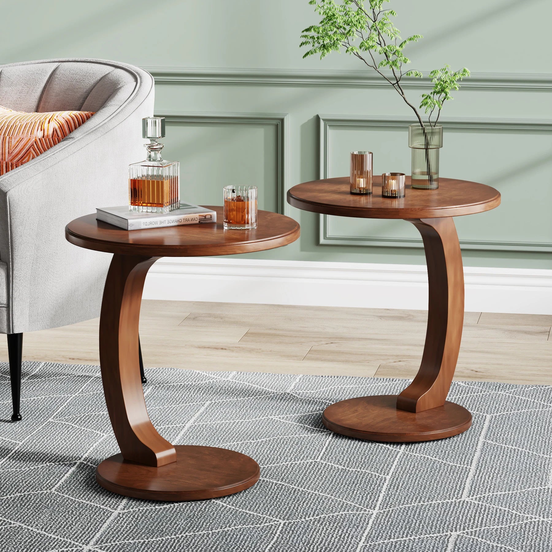 Round End Table, Wood C-Shaped Side Table,rer Mid-Century End Table, Retro Side Table