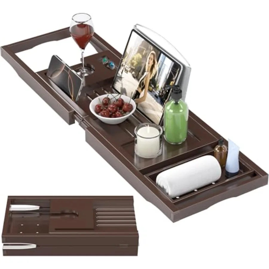 Foldable and Expandable Bamboo Bathtub Caddy Tray for Tub
