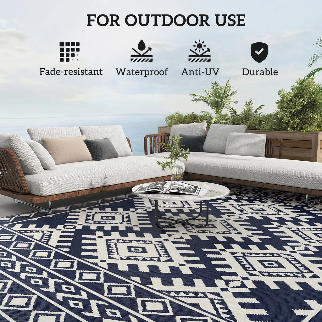 Outdoor Rug, 9' x 12' Floor Mat, Blue White Rhombus Border