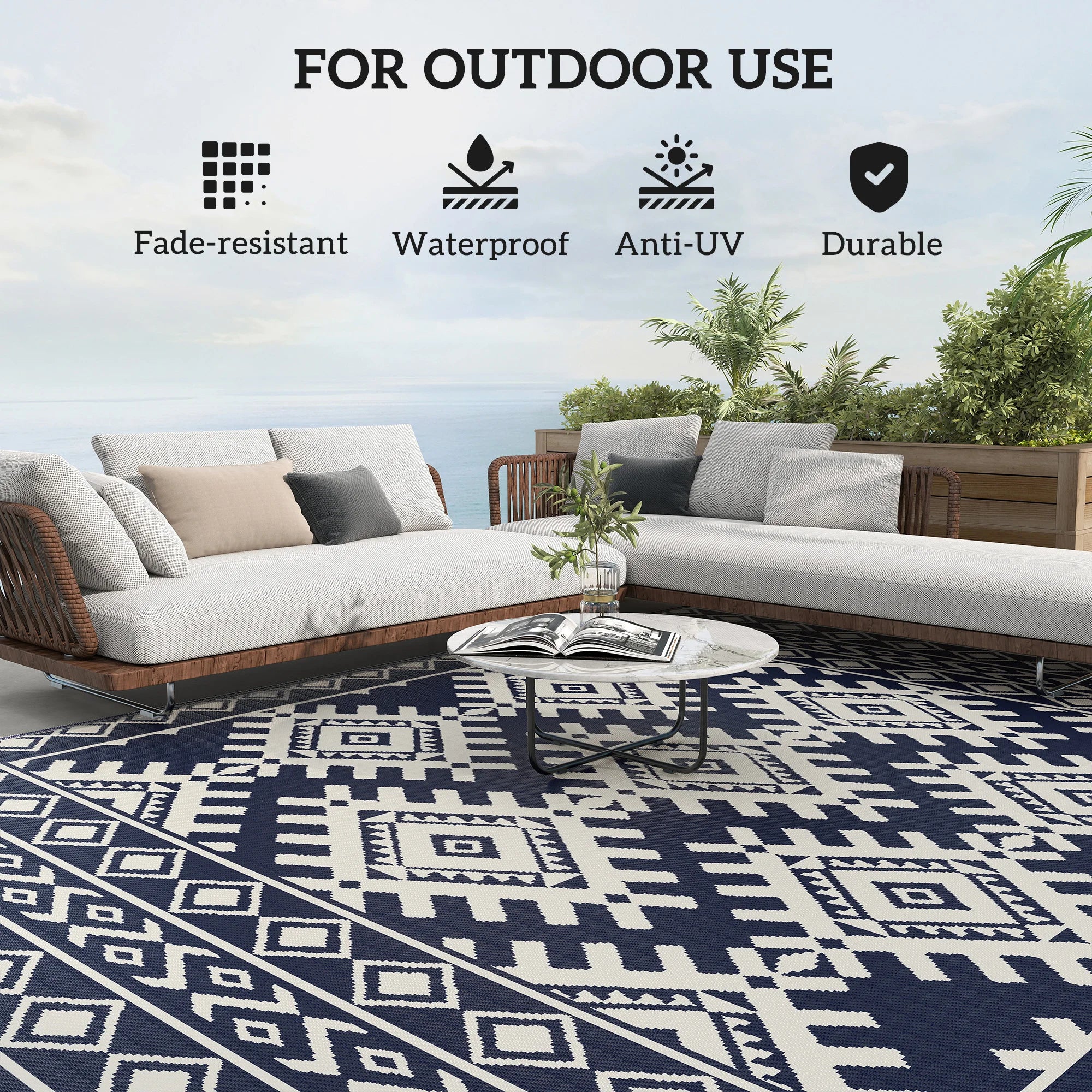 Outdoor Rug, 9' x 12' Floor Mat, Blue White Rhombus Border