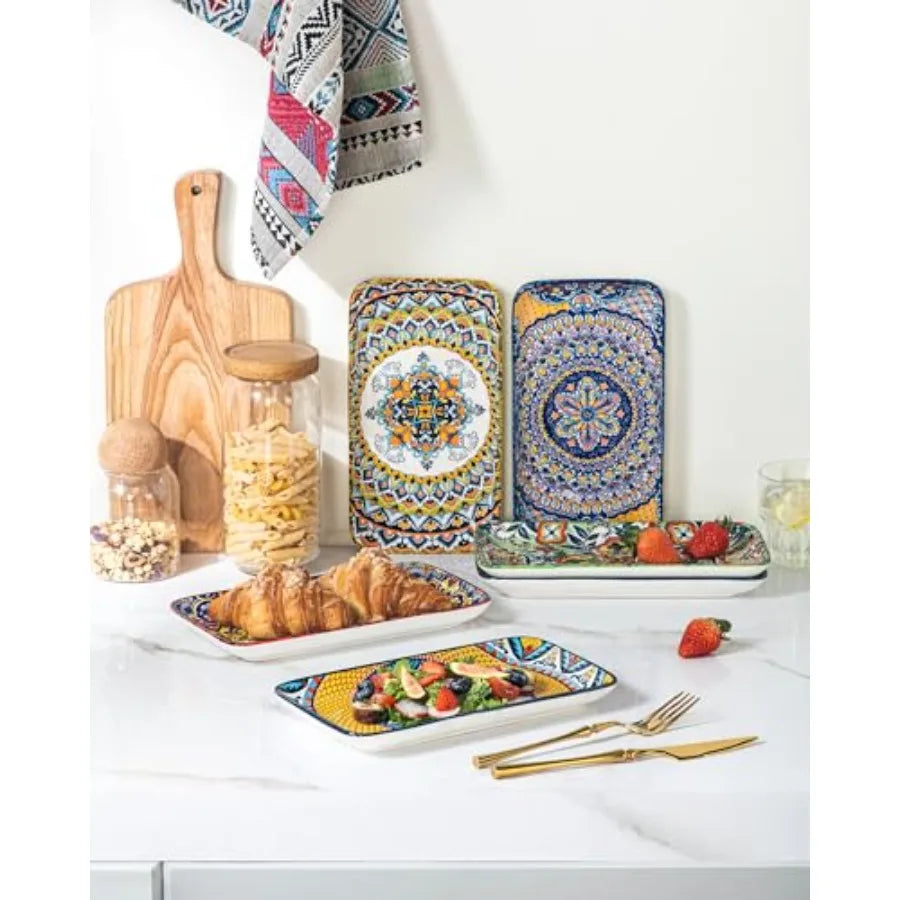 Boho Ceramic Dinner Plates Large Rectangular Set of 6 for , Microwave and Dishwasher