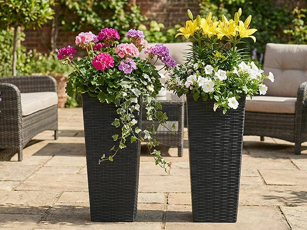 Resin Tall Plant Pots Large Tapered Flower Pots with Drainage Holes Removable Inner Pot Rattan