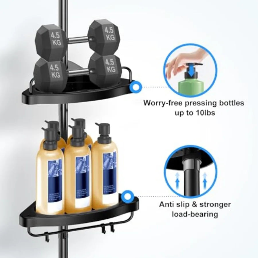 Corner Shower Caddy Tension Pole: Adjustable Stainless Steel  4 Tier Shelf