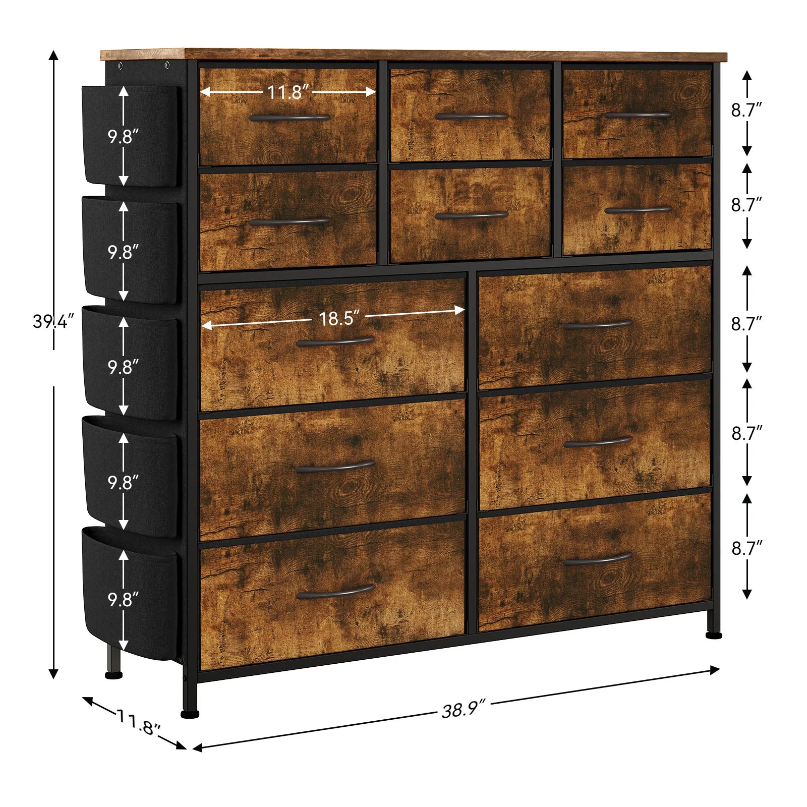 12-Drawer Dresser with Side Pockets,