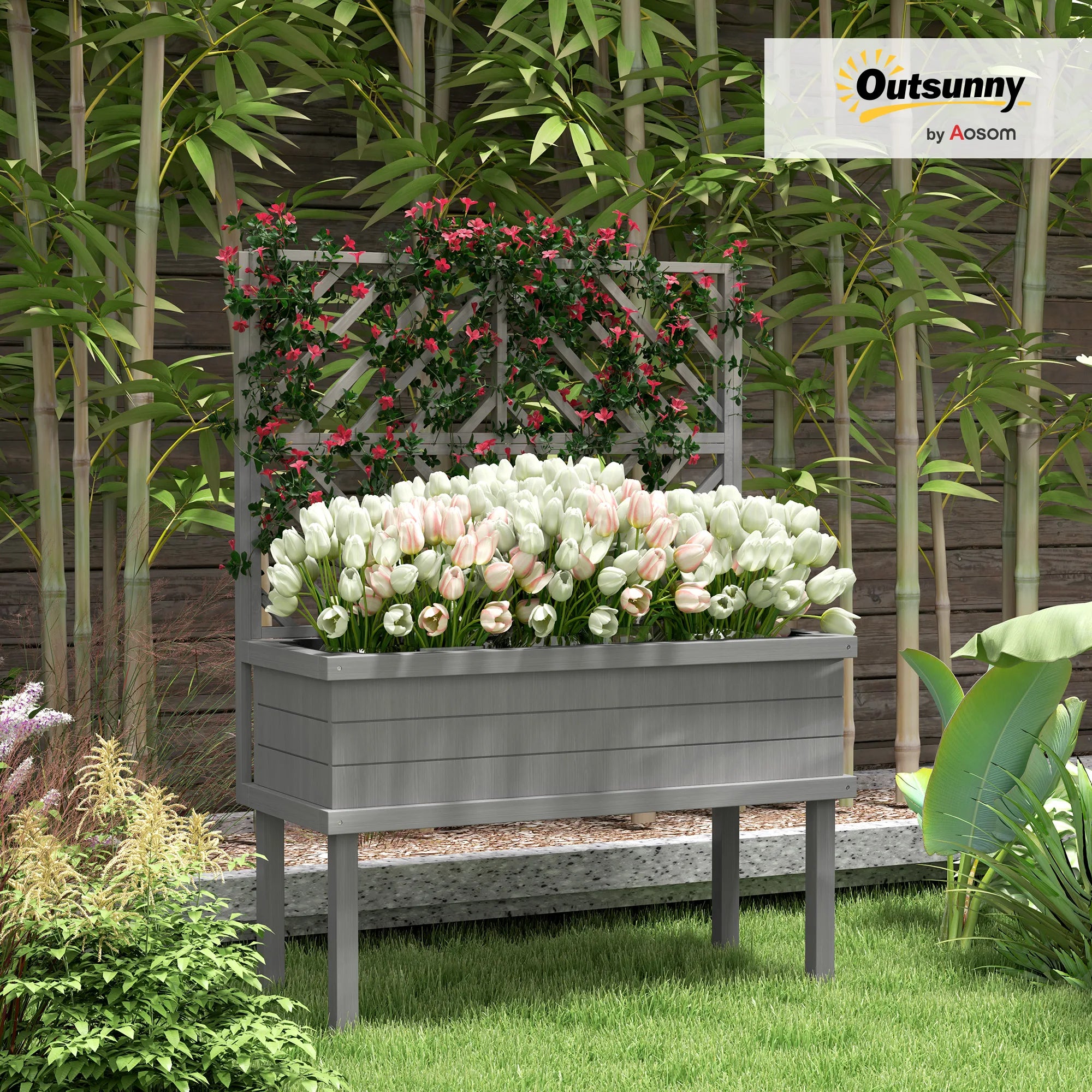 Raised Garden Bed with Trellis for Climbing Plants, Wooden Planter with Legs, Drainage Holes & Filter, Gray