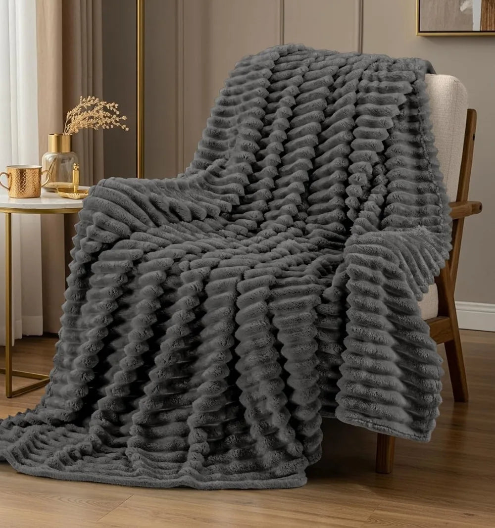 Striped Fleece Blanket Queen Size, Fluffy & Lightweight Throw for Bed, Sofa - Soft Cozy Home Decor