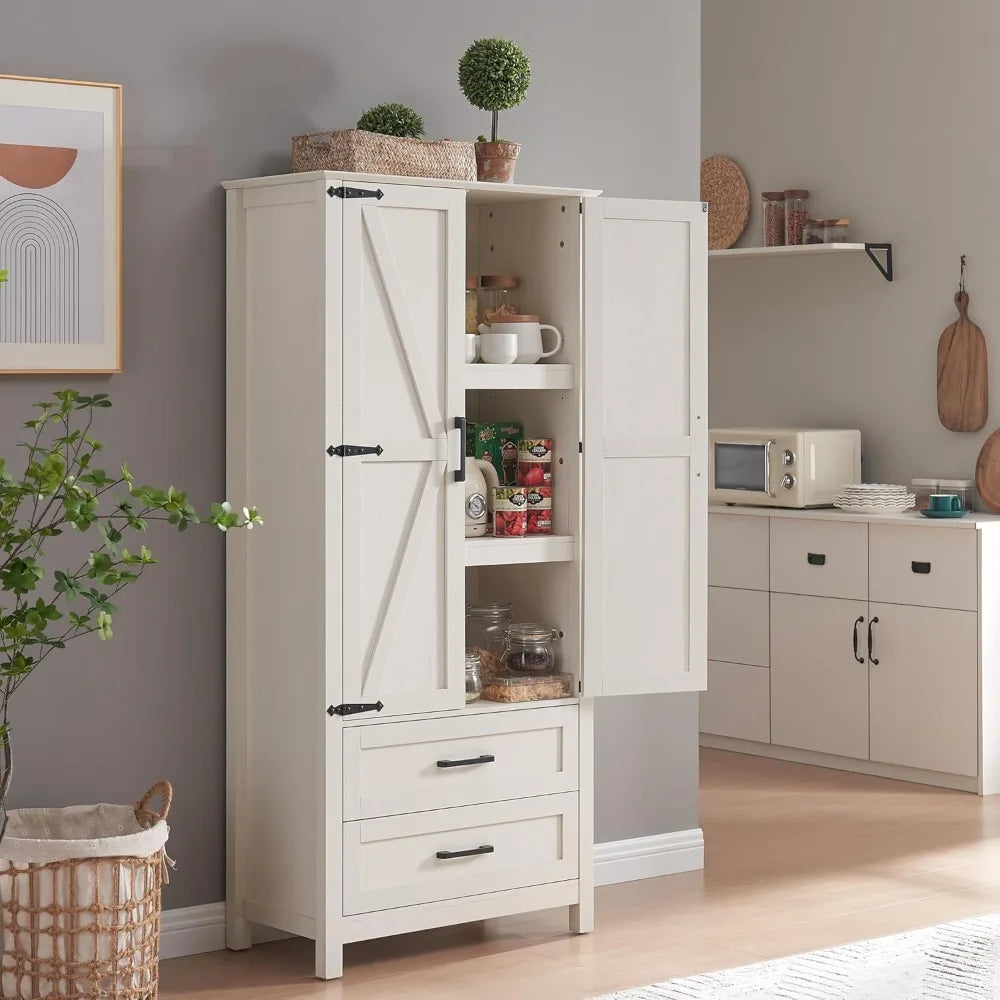 Storage Cabinet, with 2 Drawers & Adjustable Shelves & Barn Doors, Farmhouse Wood