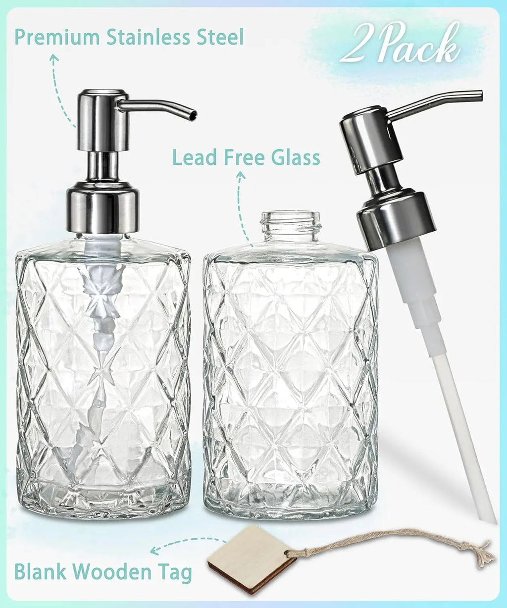2-Pack Diamond Embossed Glass Soap Dispenser with 304 Stainless Steel Pump, 12 OZ
