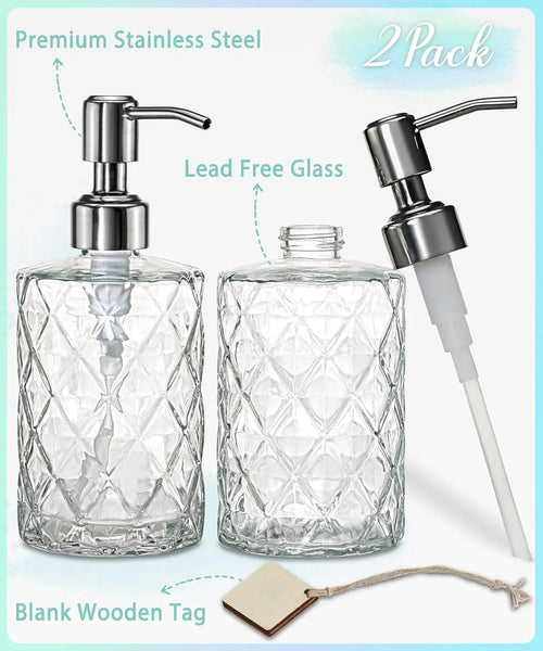 2-Pack Diamond Embossed Glass Soap Dispenser with 304 Stainless Steel Pump, 12 OZ