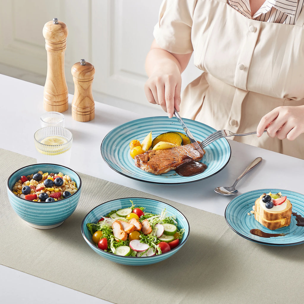 24/48 Piece Blue Plates Dinner Sets Two-Sided Dinnerware Sets Hand painted Spiral With 6 Dinner Plate/Dessert/Soup/Bowl
